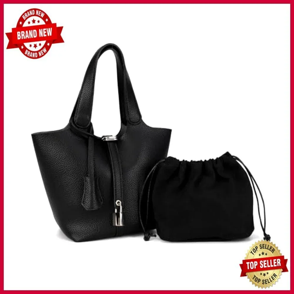 Vegan Leather Bucket Bag with Detachable Small Purse and Shoulder Strap